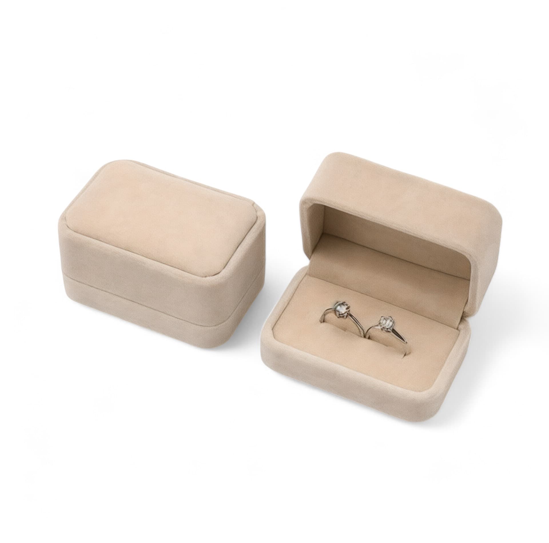 Edle Doppel-Ringbox aus Samt – Beige
