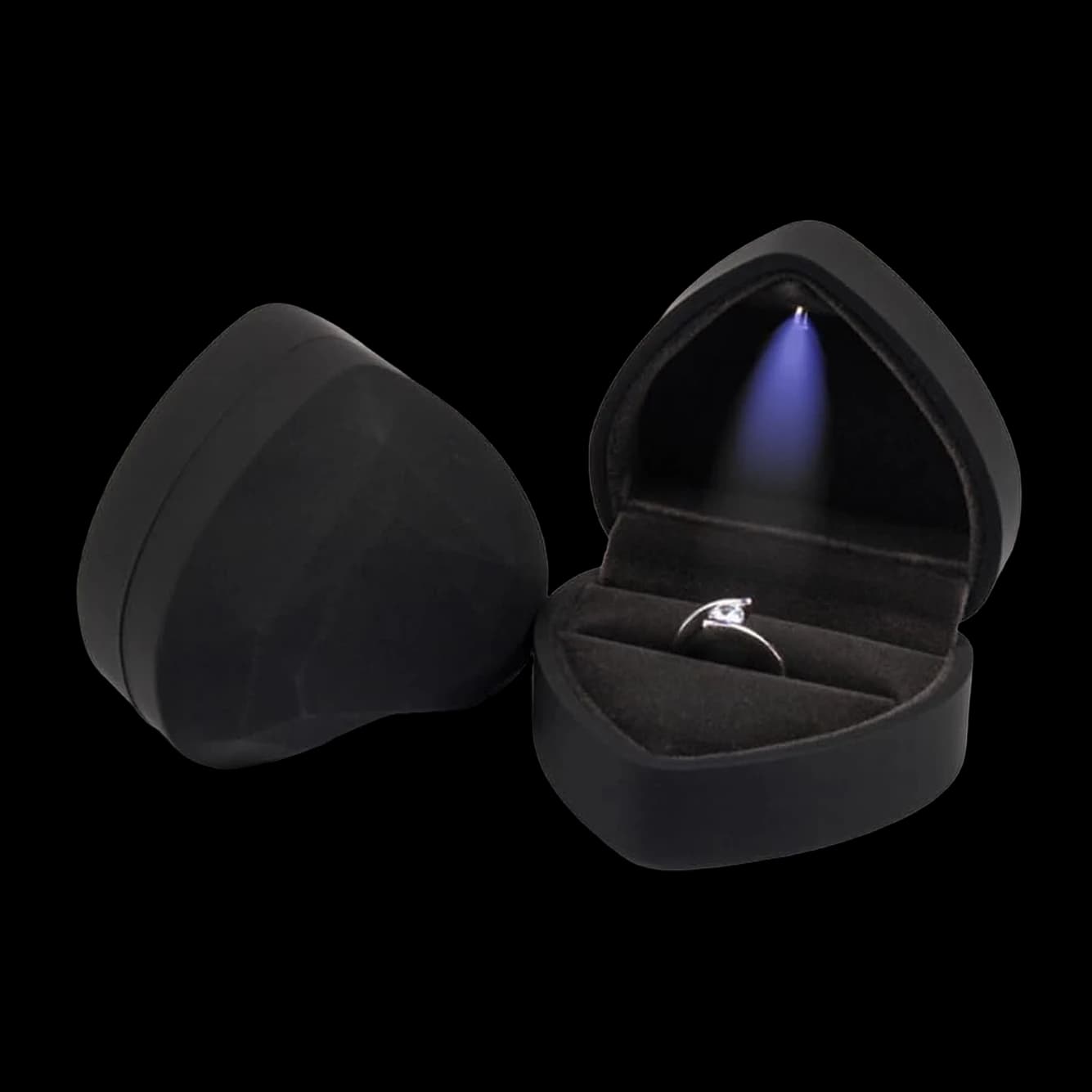 LED-Ringbox in Herzform mit Samt-Innenfutter – Schwarz